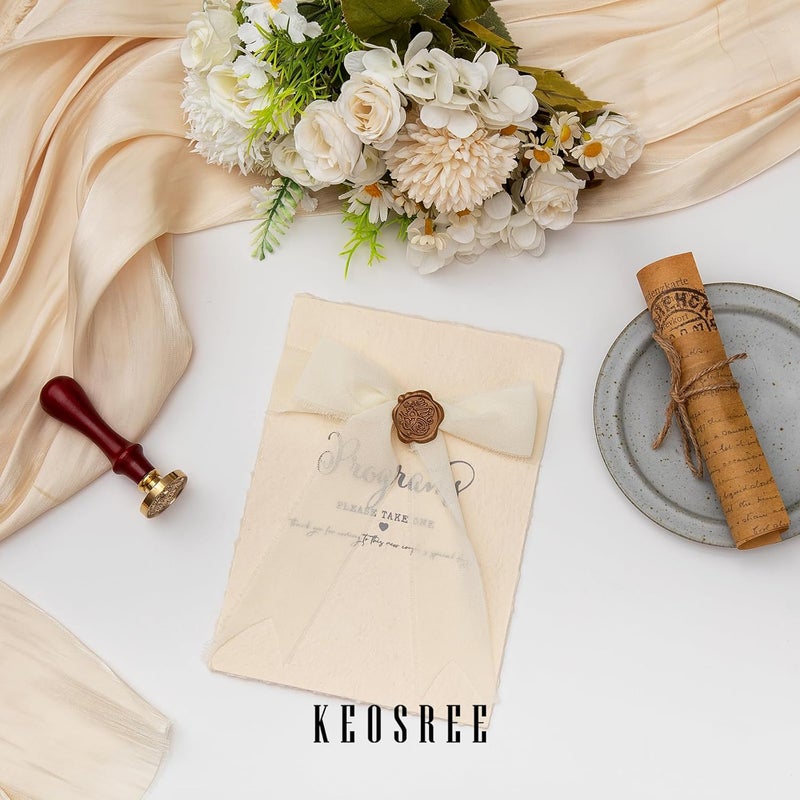 KEOSREE 3 Rolls Cream White Handmade Chiffon Ribbon,1.5" x 21Yd Frayed Fringe Silk Ribbons (3 Rolls *7Yd) for Gifts Wrapping, Wedding Invitations, Bridal Bouquets, Decorations - Image 5